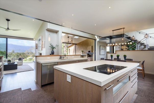 Dining room, Interior, Kitchen, Pendant Lights, Recessed Lighting, Wood Texture Flooring
