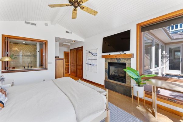 Bedroom, Fireplace, Interior, Wood Texture Flooring