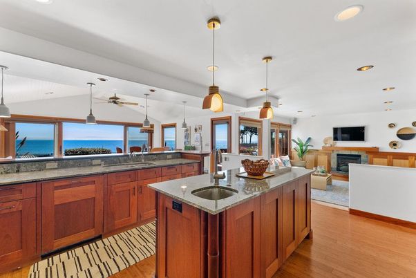 Fireplace, Interior, Kitchen, Living room, Pendant Lights, Recessed Lighting, Water, Wood Texture Flooring