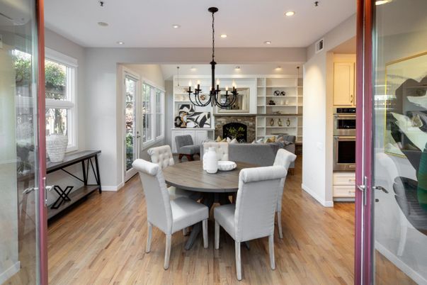 Chandelier, Dining room, Fireplace, Interior, Living room, Recessed Lighting, Wood Texture Flooring
