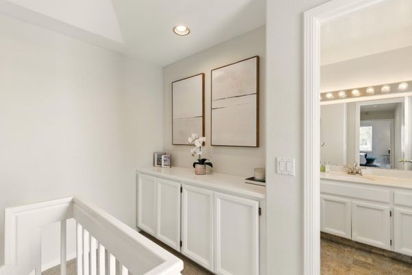 Bathroom, Dual Sink Vanities, Interior, Recessed Lighting, Wood Texture Flooring