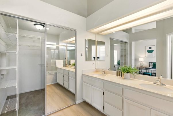 Bathroom, Dual Sink Vanities, Glass Shower, Interior, Wood Texture Flooring