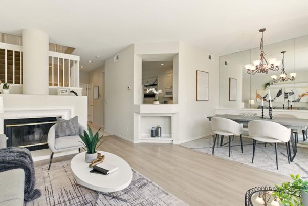 Chandelier, Dining room, Fireplace, Interior, Living room, Recessed Lighting, Wood Texture Flooring