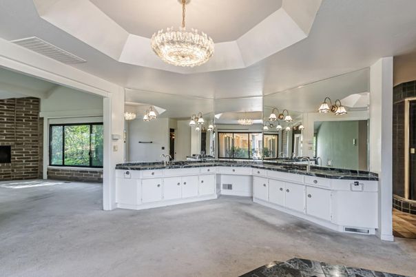 Bathroom, Chandelier, Dual Sink Vanities, Interior, Pendant Lights