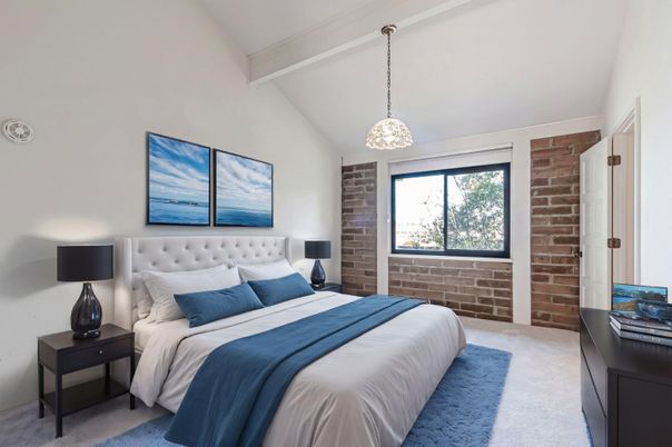 Bedroom, Interior, Pendant Lights, Stone Walls