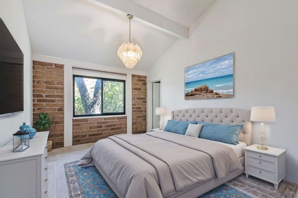 Bedroom, Interior, Pendant Lights, Stone Walls