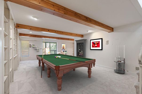 Billiard Table, Game Room, Interior, Recessed Lighting, Wooden Beams