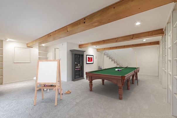 Billiard Table, Game Room, Interior, Recessed Lighting, Wooden Beams