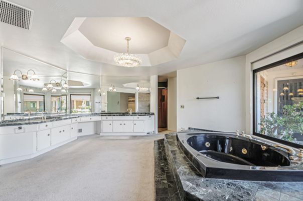 Bathroom, Chandelier, Dual Sink Vanities, Interior, Marble