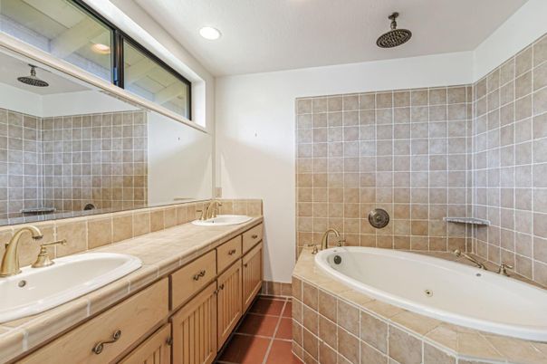 Bathroom, Dual Sink Vanities, Interior, Recessed Lighting, Tile Countertops