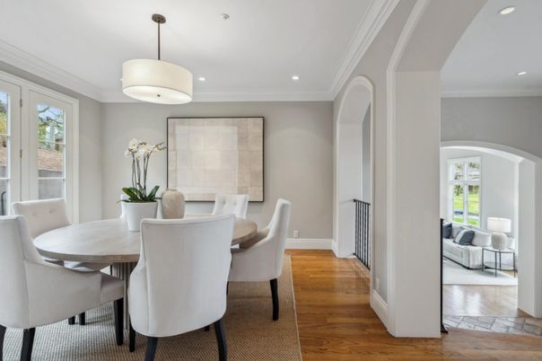 Dining room, Interior, Recessed Lighting, Wood Texture Flooring