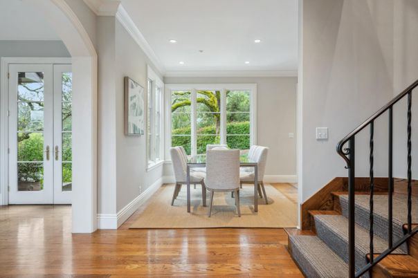 Dining room, Interior, Recessed Lighting, Wood Texture Flooring