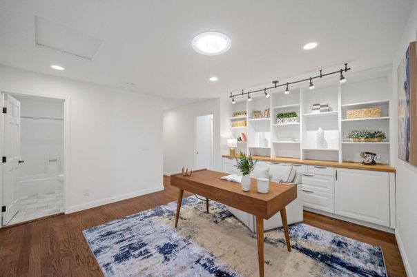 Home Office, Interior, Recessed Lighting, Wood Texture Flooring