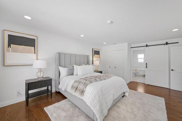 Bedroom, Interior, Recessed Lighting, Wood Texture Flooring