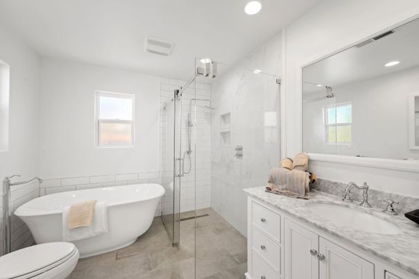 Bathroom, Free Standing Baths, Glass Shower, Interior, Marble Walls, Recessed Lighting