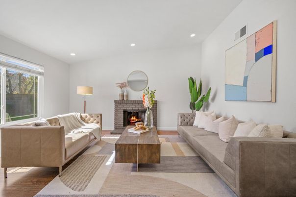 Fireplace, Interior, Living room, Recessed Lighting, Wood Texture Flooring