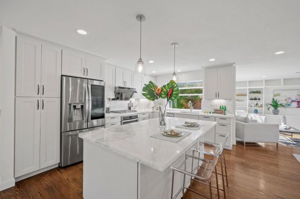 Interior, Kitchen, Pendant Lights, Recessed Lighting, Stainless Steel Appliances, Wood Texture Flooring