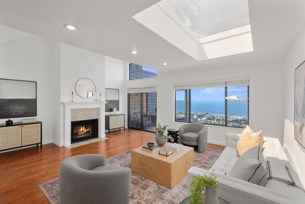 Fireplace, Interior, Living room, Recessed Lighting, Water, Wood Texture Flooring