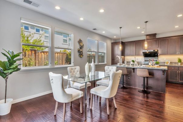 Dining room, Interior, Kitchen, Pendant Lights, Recessed Lighting, Wood Texture Flooring
