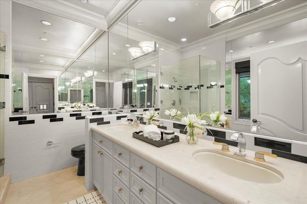 Bathroom, Dual Sink Vanities, Glass Shower, Interior, Pendant Lights, Recessed Lighting