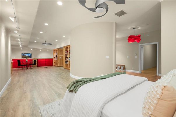 Bedroom, Interior, Recessed Lighting, Wood Texture Flooring