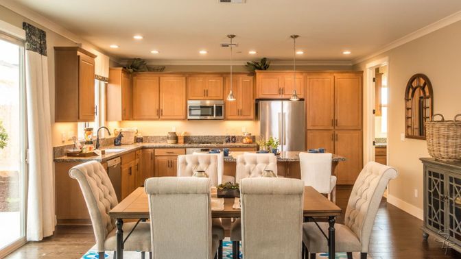 Dining room, Interior, Kitchen, Pendant Lights, Recessed Lighting, Stainless Steel Appliances, Wood Texture Flooring
