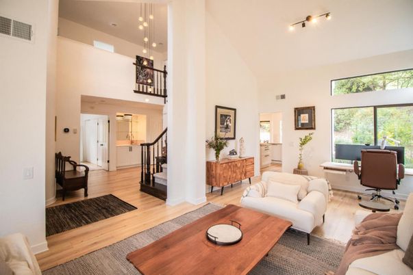 Home Office, Interior, Living room, Pendant Lights, Recessed Lighting, Wood Texture Flooring