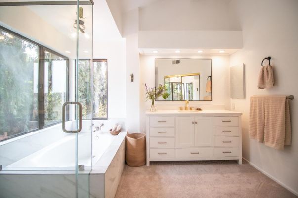 Bathroom, Dual Sink Vanities, Glass Shower, Interior, Recessed Lighting