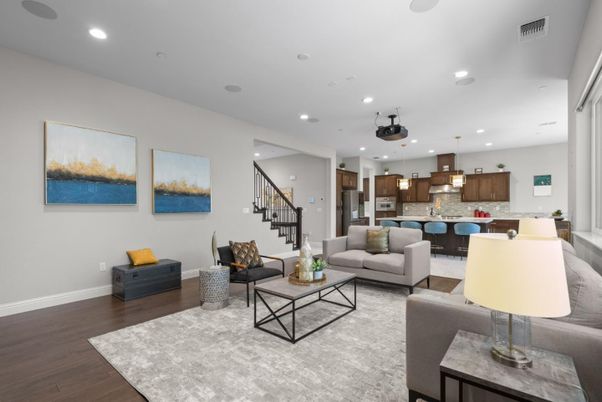 Dining room, Interior, Kitchen, Living room, Pendant Lights, Recessed Lighting, Stainless Steel Appliances, Wood Texture Flooring
