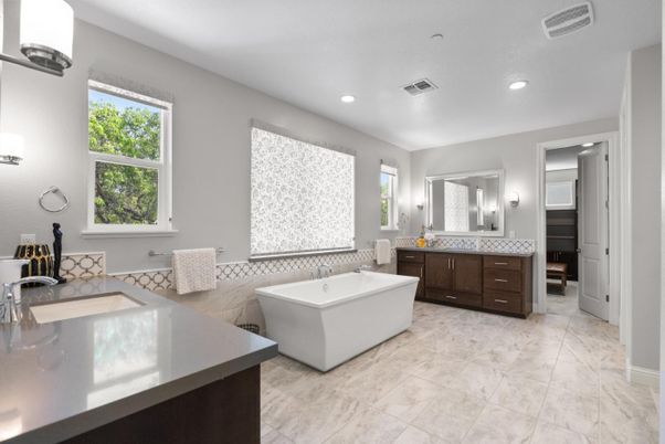 Bathroom, Dual Sink Vanities, Free Standing Baths, Interior, Marble, Recessed Lighting