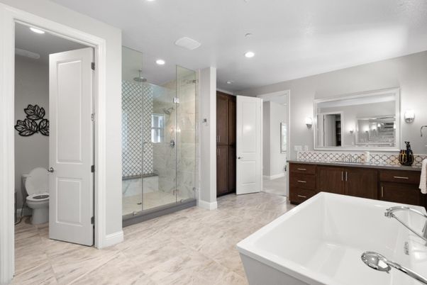Bathroom, Dual Sink Vanities, Free Standing Baths, Glass Shower, Interior, Marble, Recessed Lighting