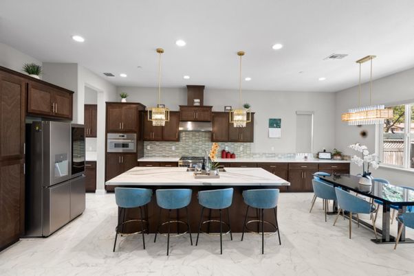 Dining room, Interior, Kitchen, Marble, Pendant Lights, Recessed Lighting, Stainless Steel Appliances