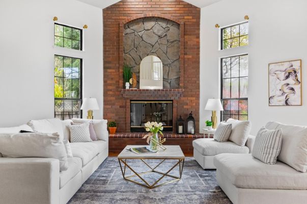 Fireplace, Interior, Living room, Stone Walls, Wood Texture Flooring