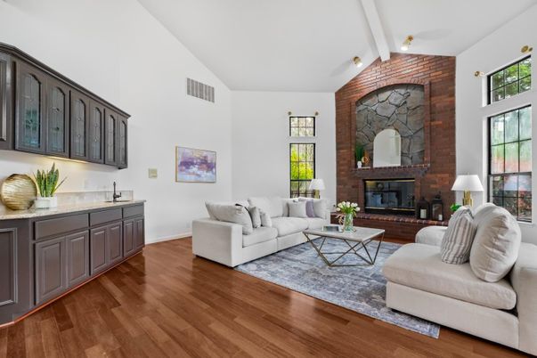 Fireplace, Interior, Living room, Stone Walls, Wood Texture Flooring