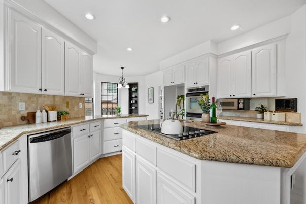 Interior, Kitchen, Pendant Lights, Recessed Lighting, Stainless Steel Appliances, Wood Texture Flooring