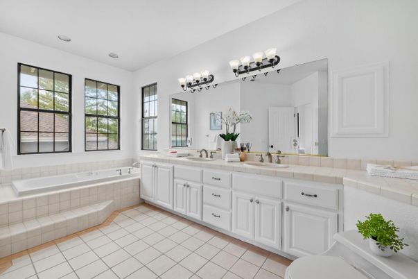 Bathroom, Dual Sink Vanities, Interior, Recessed Lighting, Tile Countertops