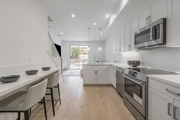 Interior, Kitchen, Pendant Lights, Recessed Lighting, Stainless Steel Appliances, Wood Texture Flooring