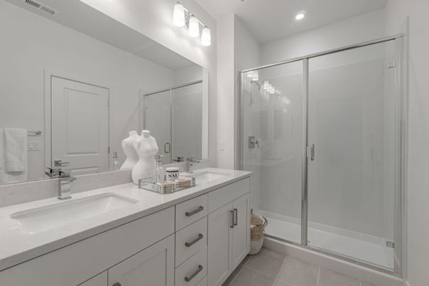 Bathroom, Dual Sink Vanities, Glass Shower, Interior, Recessed Lighting
