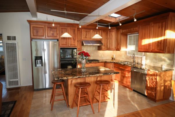 Interior, Kitchen, Pendant Lights, Stainless Steel Appliances, Wooden Ceilings, Wood Texture Flooring