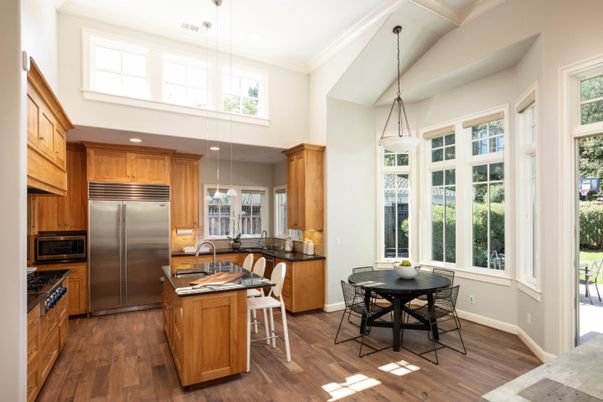 Dining room, Interior, Kitchen, Pendant Lights, Recessed Lighting, Stainless Steel Appliances, Wood Texture Flooring