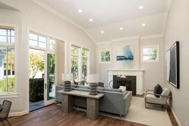 Fireplace, Interior, Living room, Recessed Lighting, Wood Texture Flooring