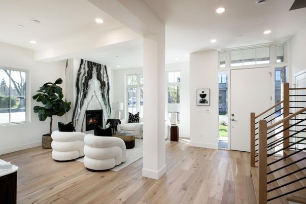 Fireplace, Interior, Living room, Recessed Lighting, Wood Texture Flooring