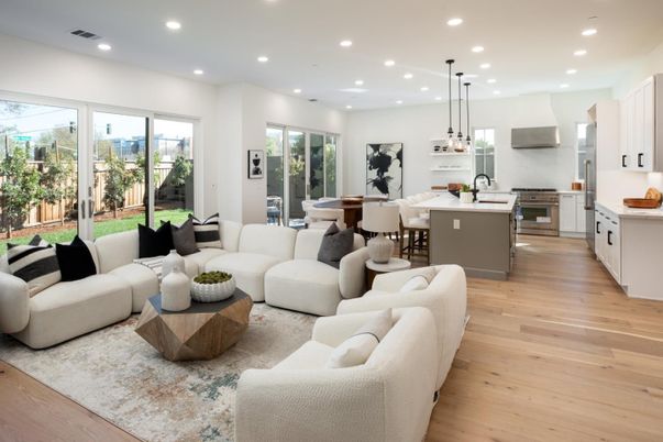 Dining room, Interior, Kitchen, Living room, Pendant Lights, Recessed Lighting, Stainless Steel Appliances, Wood Texture Flooring