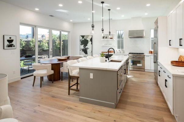 Dining room, Interior, Kitchen, Pendant Lights, Recessed Lighting, Stainless Steel Appliances, Wood Texture Flooring