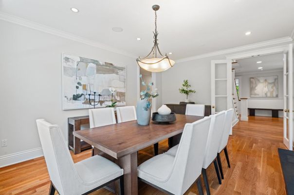 Dining room, Interior, Pendant Lights, Recessed Lighting, Wood Texture Flooring