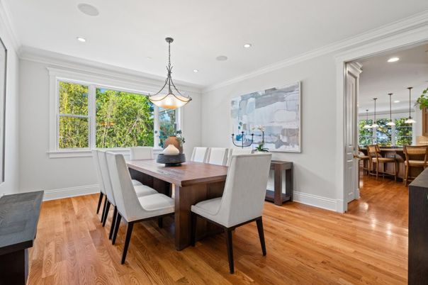 Dining room, Interior, Pendant Lights, Recessed Lighting, Wood Texture Flooring