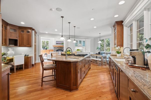 Dining room, Fireplace, Interior, Kitchen, Pendant Lights, Recessed Lighting, Wood Texture Flooring