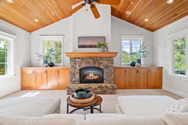 Fireplace, Interior, Living room, Recessed Lighting, Wooden Ceilings