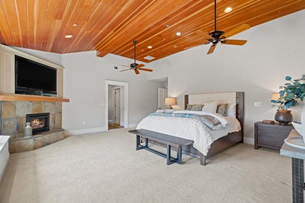 Bedroom, Fireplace, Interior, Recessed Lighting, Wooden Beams, Wooden Ceilings