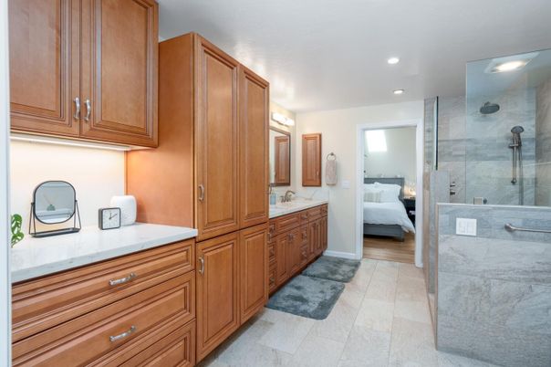 Bathroom, Bedroom, Dual Sink Vanities, Glass Shower, Interior, Recessed Lighting, Wood Texture Flooring